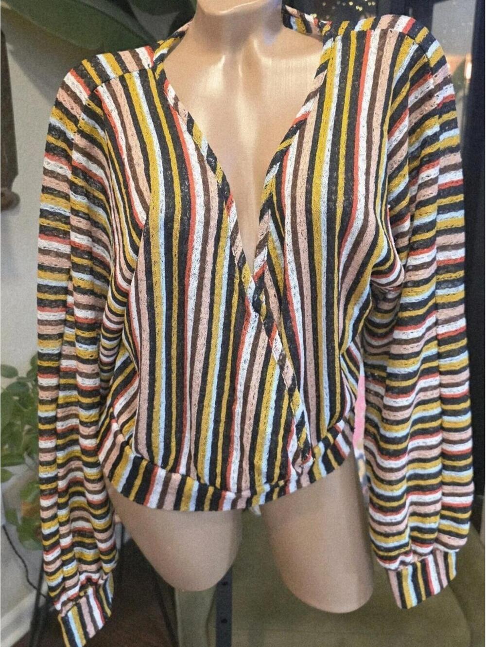 Haute Project Los Angeles Striped Knit Wrap Top Blouse Multi Color Large L Boho